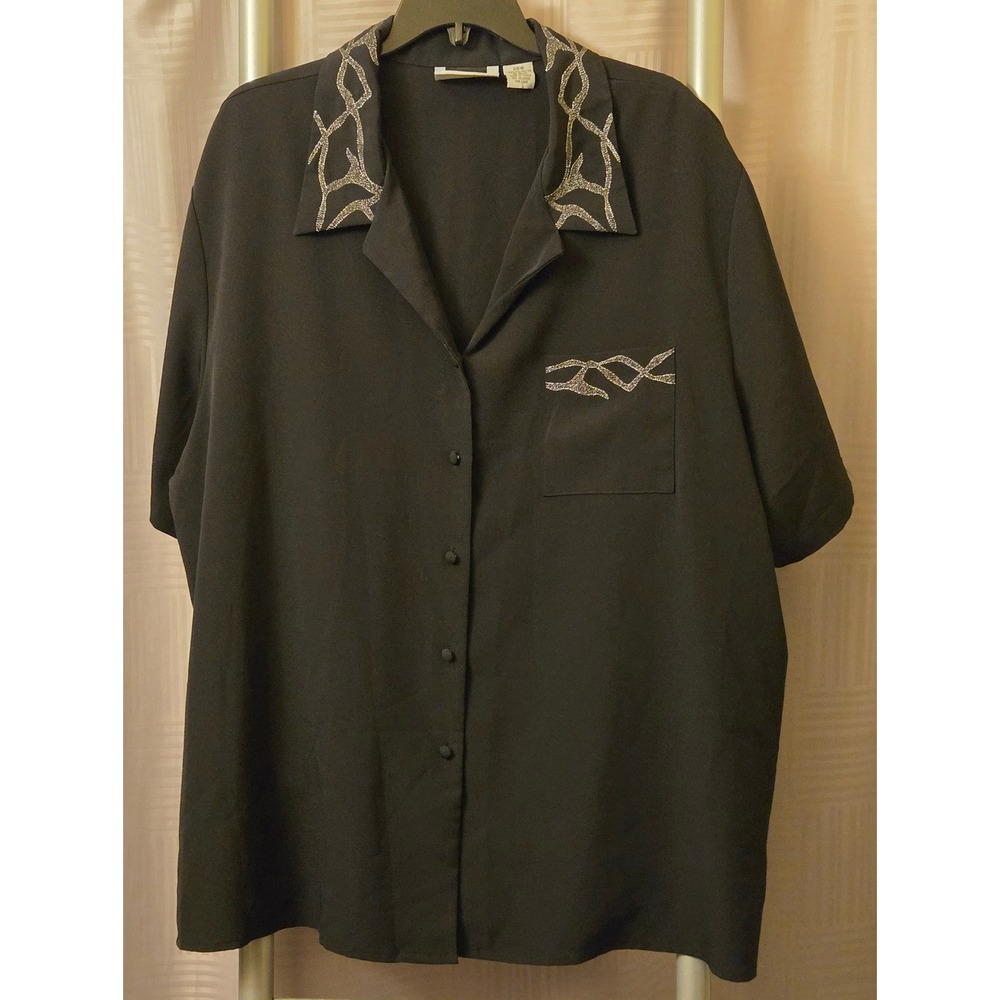 Maggie Barnesβ Black Short Sleeve Button Down Shirt Silver Embroidery Plus 26W